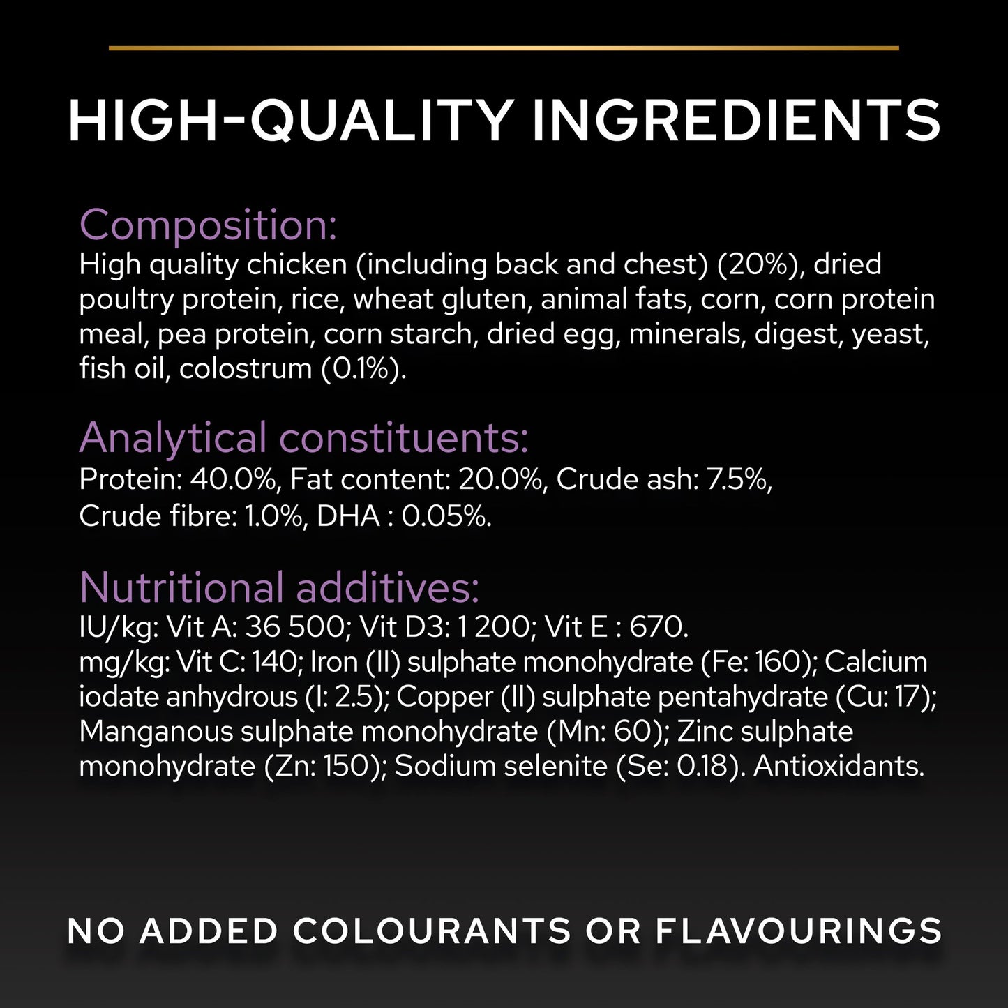 Nutritional label for a product with high-quality ingredients.