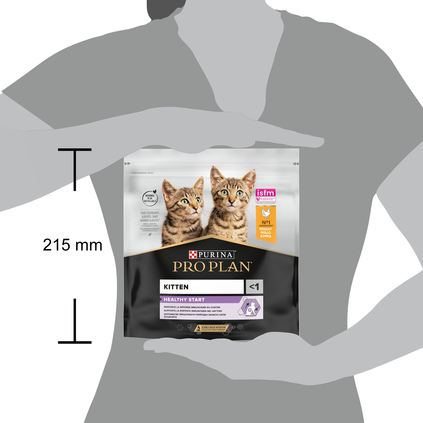 Package of Purina Pro Plan kitten food held by a hand for scale.