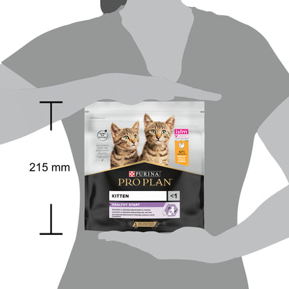 Package of Purina Pro Plan kitten food held by a hand for scale.
