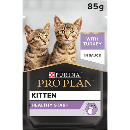 Pouch of Purina Pro Plan kitten food with two kittens on the packaging.
