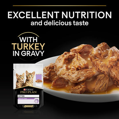 Cat food with turkey in gravy and product packaging on a dark background.
