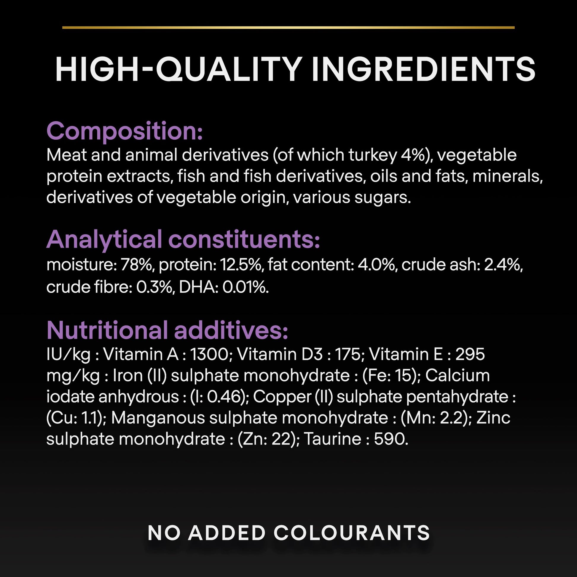 Product label detailing high-quality ingredients and nutritional additives.
