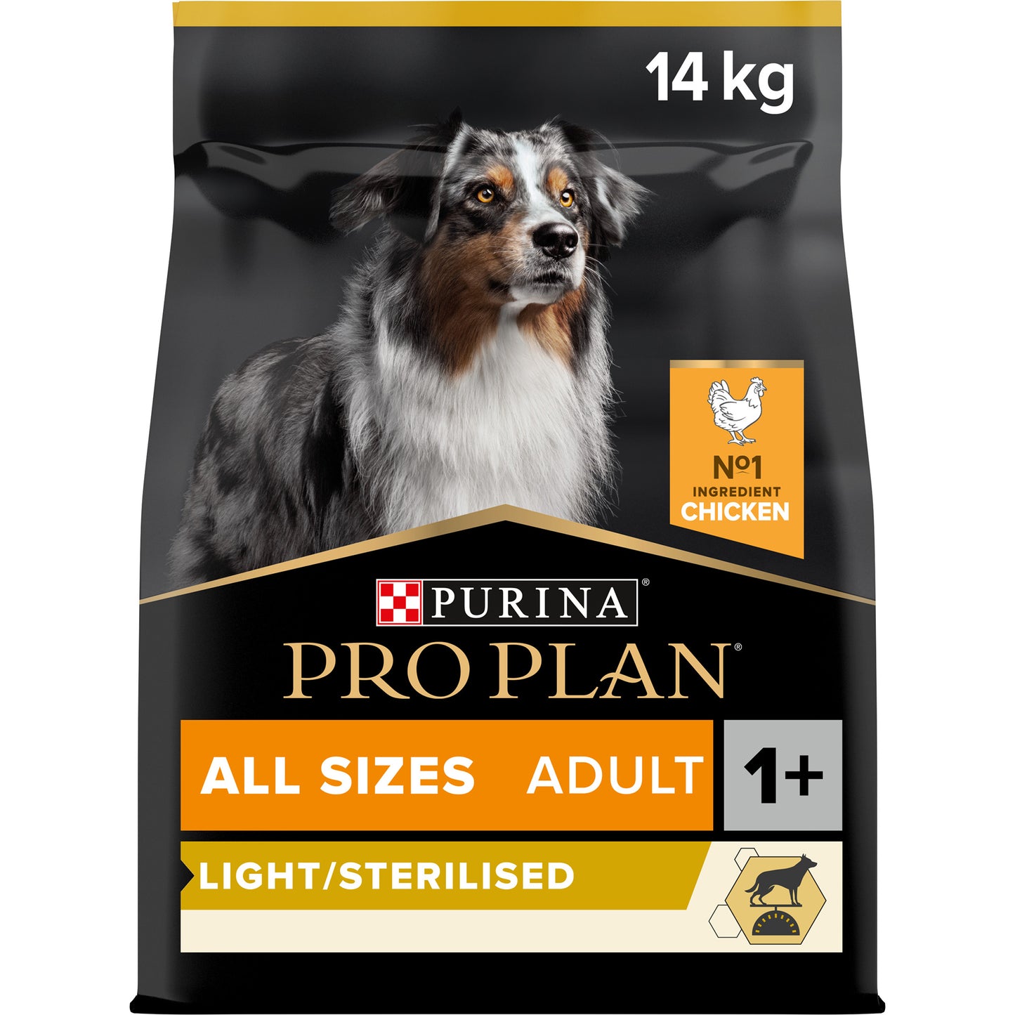 A bag of Pro Plan dry dog food with a picture of an adult dog on the front, labeled 'All Sizes Adult', with chicken as the first ingredient, and indicating it is light/sterilised.