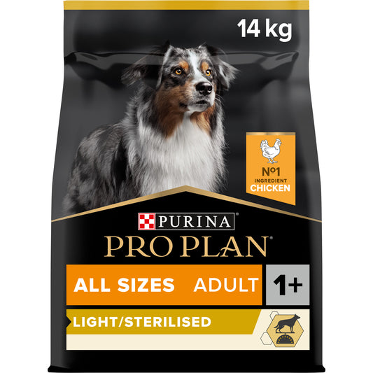 A bag of Pro Plan dry dog food with a picture of an adult dog on the front, labeled 'All Sizes Adult', with chicken as the first ingredient, and indicating it is light/sterilised.