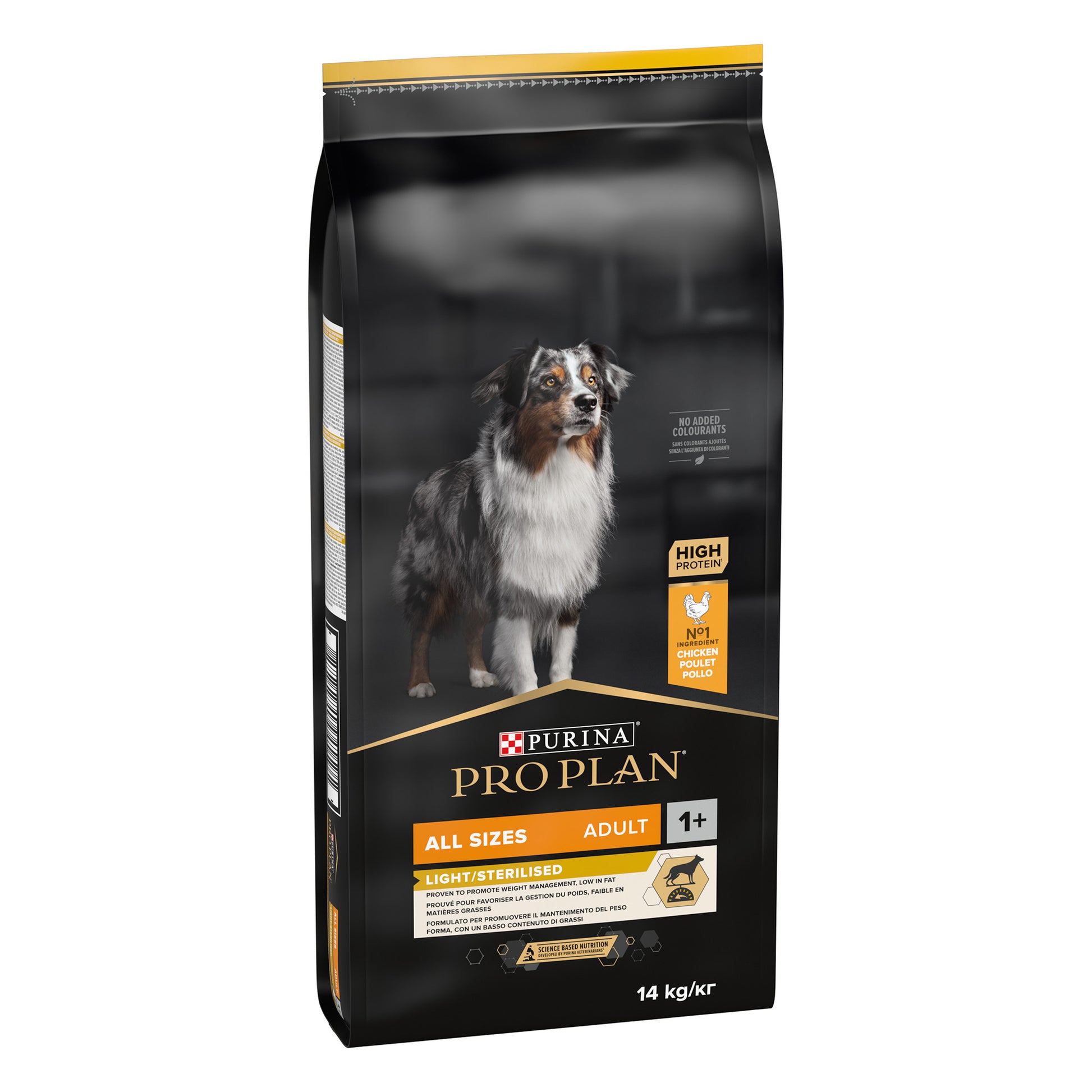 Dog food package with a dog image and branding