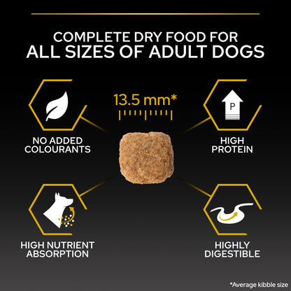 Dog food packaging with kibble size and product features