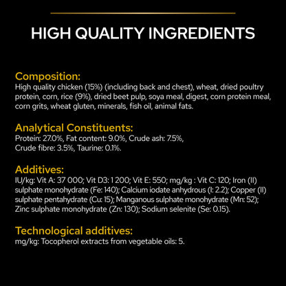 Product label detailing high-quality ingredients and nutritional information.