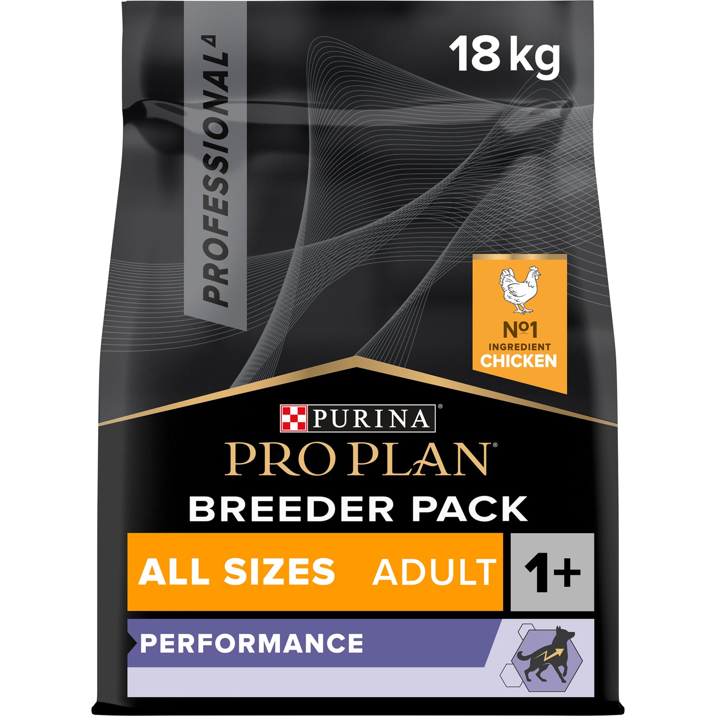 A bag of Purina Pro Plan dry dog food for all sizes adult performance, with chicken as the main ingredient, in a 18 kg professional pack.