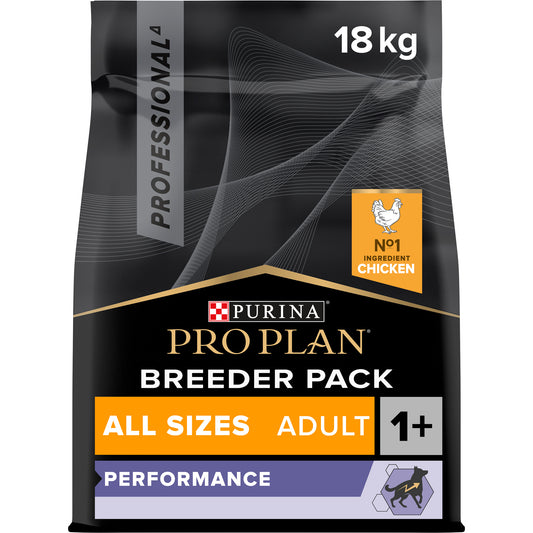 A bag of Purina Pro Plan dry dog food for all sizes adult performance, with chicken as the main ingredient, in a 18 kg professional pack.