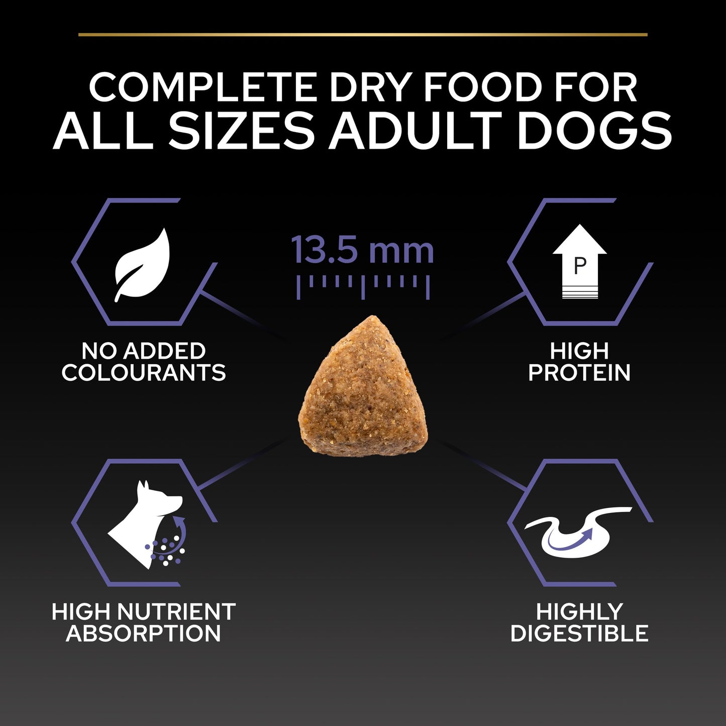 Dog food product with nutritional information on a black background