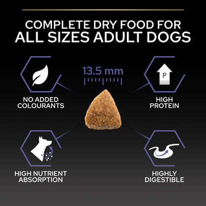 Dog food product with nutritional information on a black background