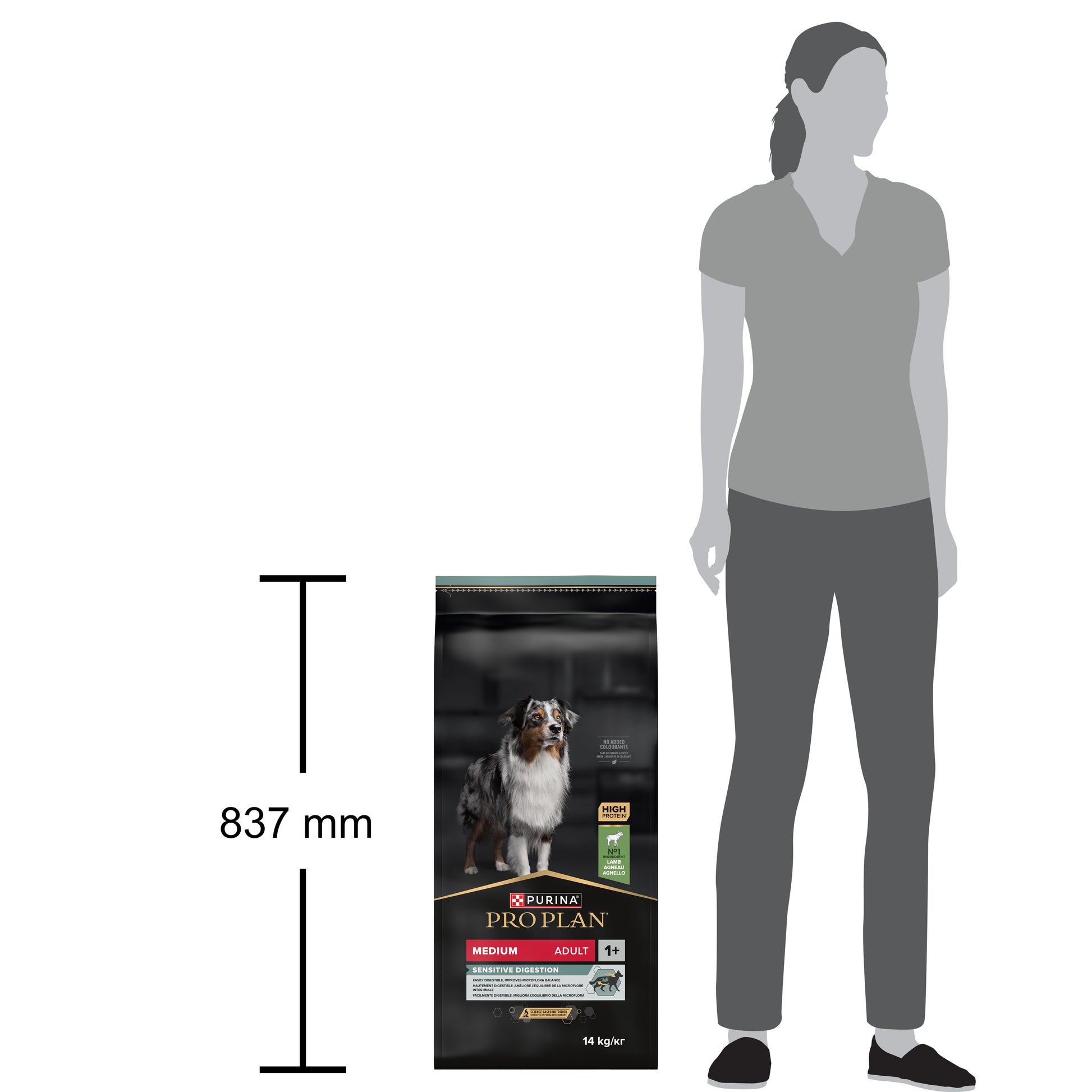 Measurement chart showing a bag of Purina Pro Plan dog food next to a silhouette of a person for scale.