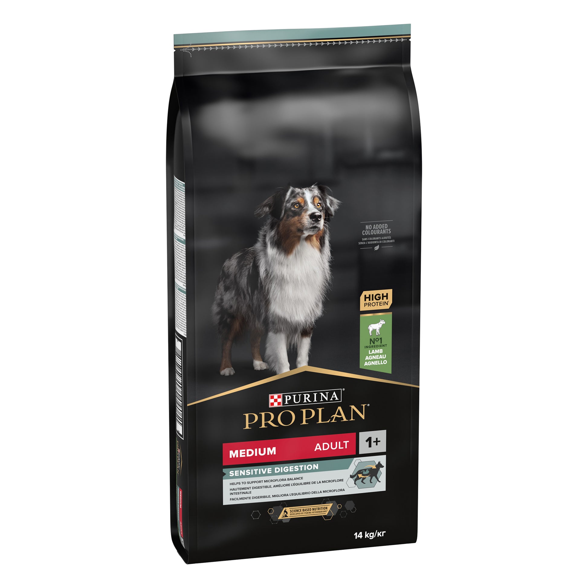 Purina Pro Plan dog food package for medium adult dogs