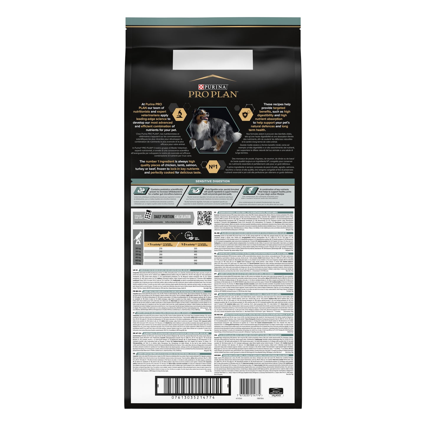 Pet food packaging with detailed text and labels