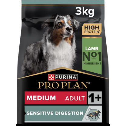 A bag of Pro Plan Medium Adult Sensitive Digestion dry dog food with lamb as the main ingredient, featuring an image of a dog on the front.
