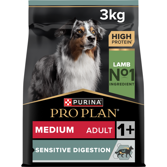 A bag of Pro Plan Medium Adult Sensitive Digestion dry dog food with lamb as the main ingredient, featuring an image of a dog on the front.
