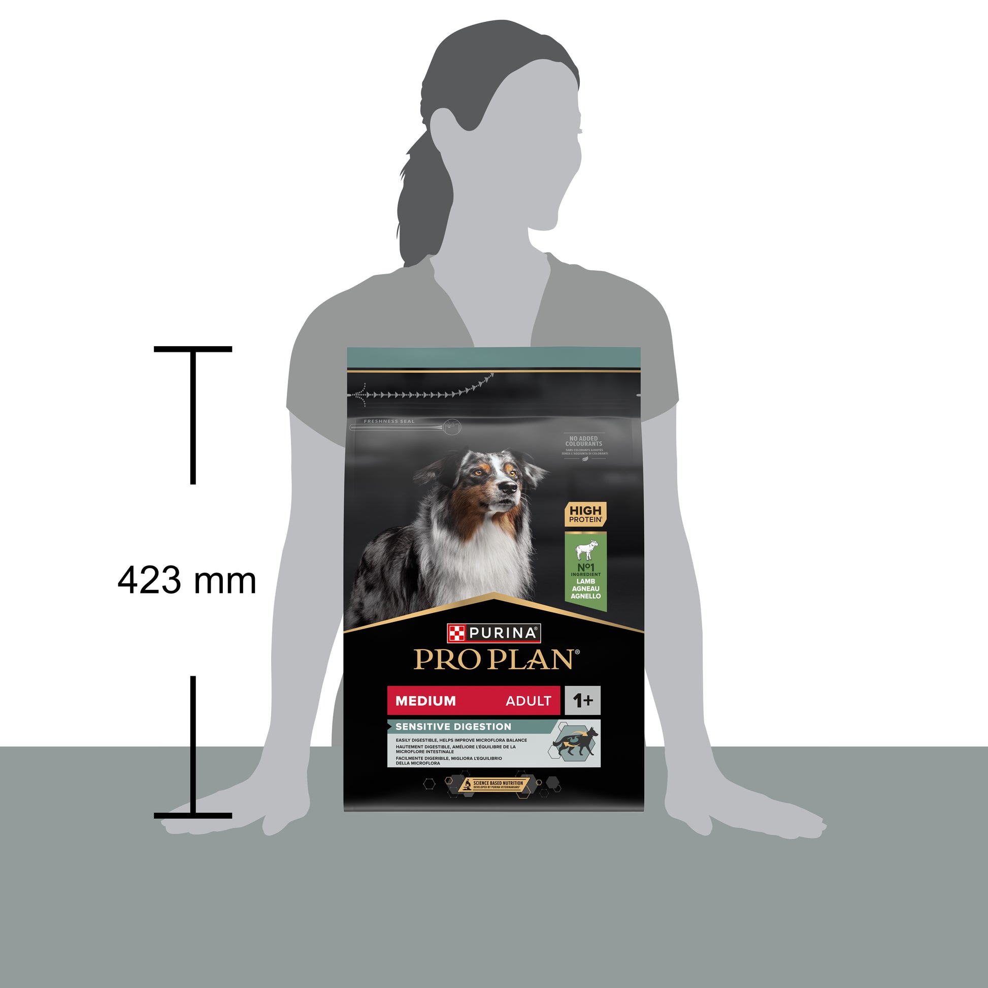 Dog food package size compared to a person's height.