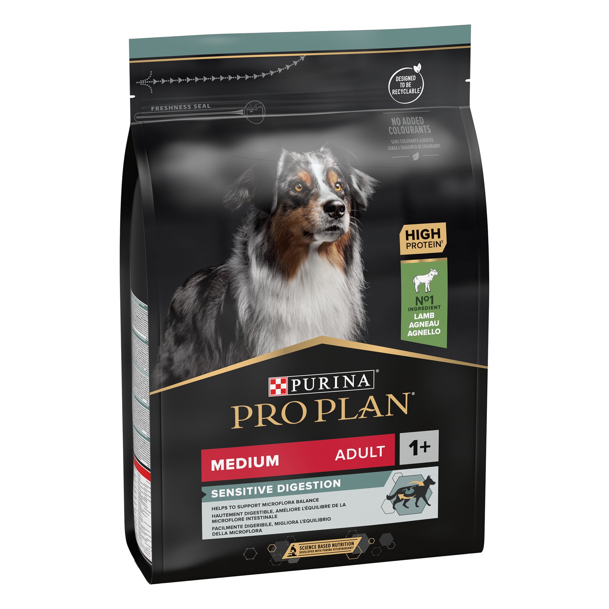 Dog food package with a dog's face on a black background