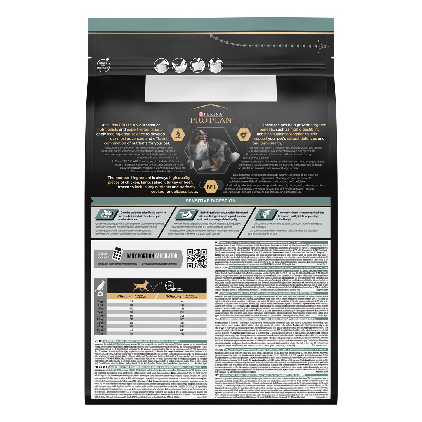Pet food packaging with detailed nutritional information and calculations.
