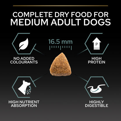 Dog food product with nutritional information on a black background