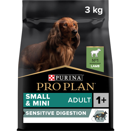 A package of Pro Plan Sensitive Digestion dry dog food with an image of a brown dog on the front, indicating the product is for small and mini adult dogs with sensitive digestion, 3 kg weight.