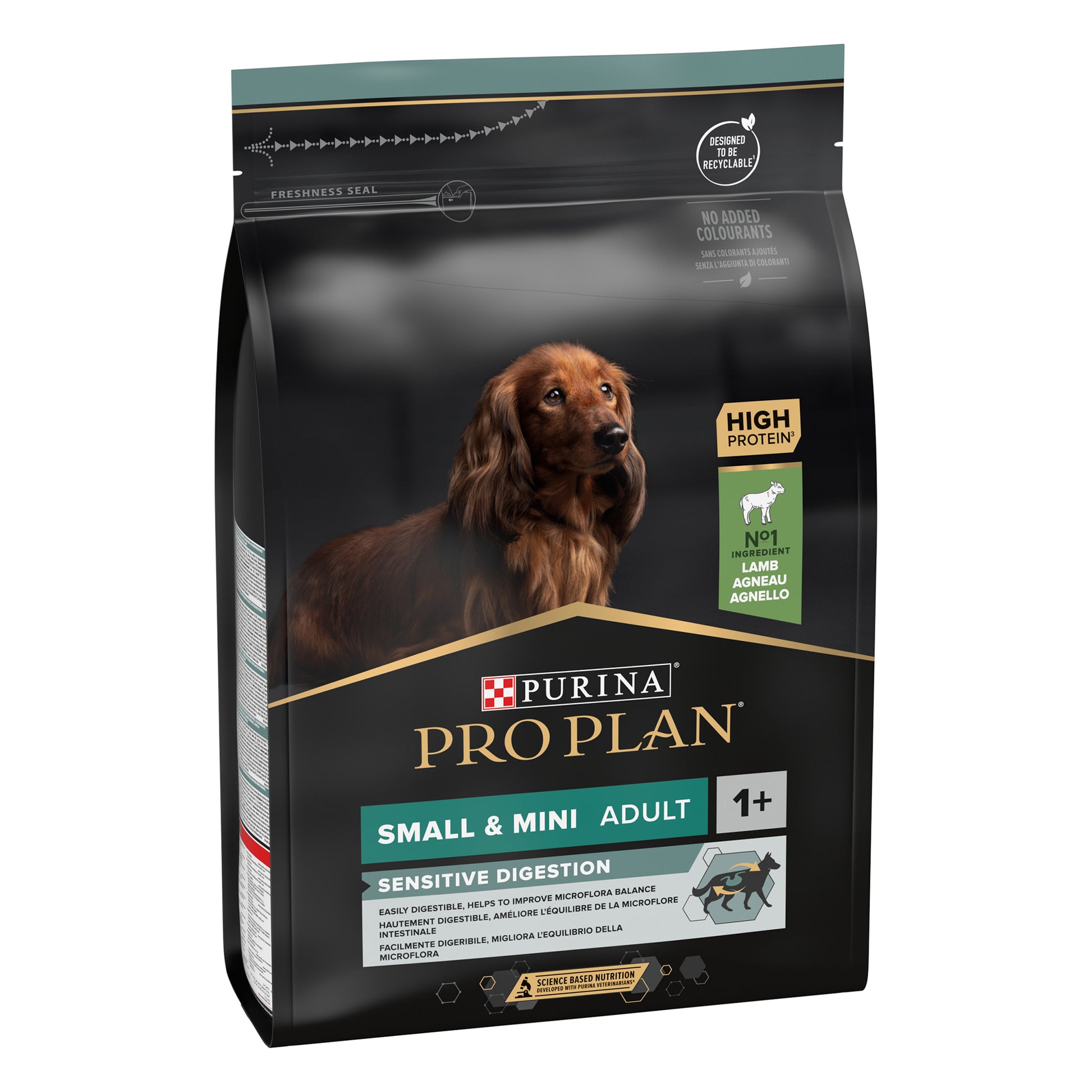 Dog food package for small and mini dogs with a focus on sensitive digestion.