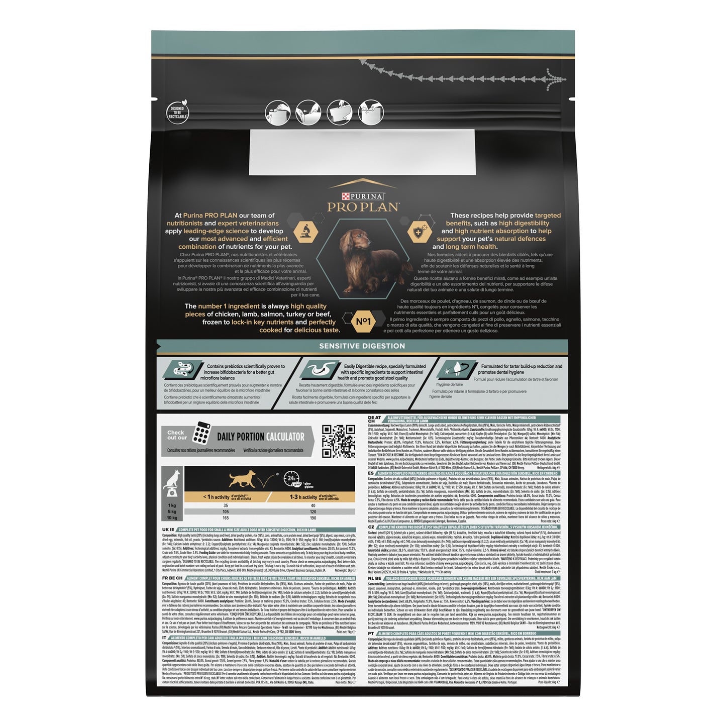 Pet food packaging with detailed text and graphics