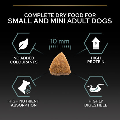 Dry dog food for small and mini adult dogs with nutritional benefits displayed.