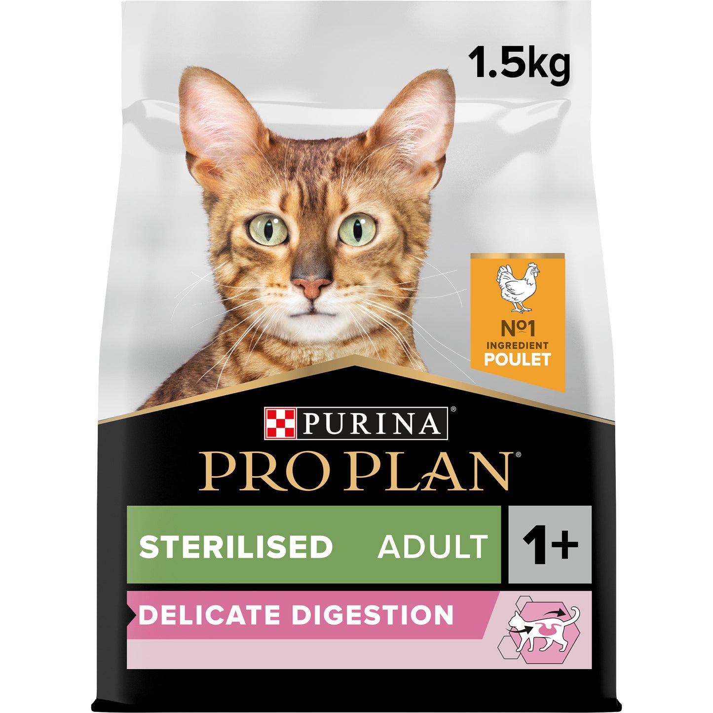 A bag of Pro Plan Sterilised Adult Delicate Digestion Dry Cat Food with an image of a cat on the packaging.