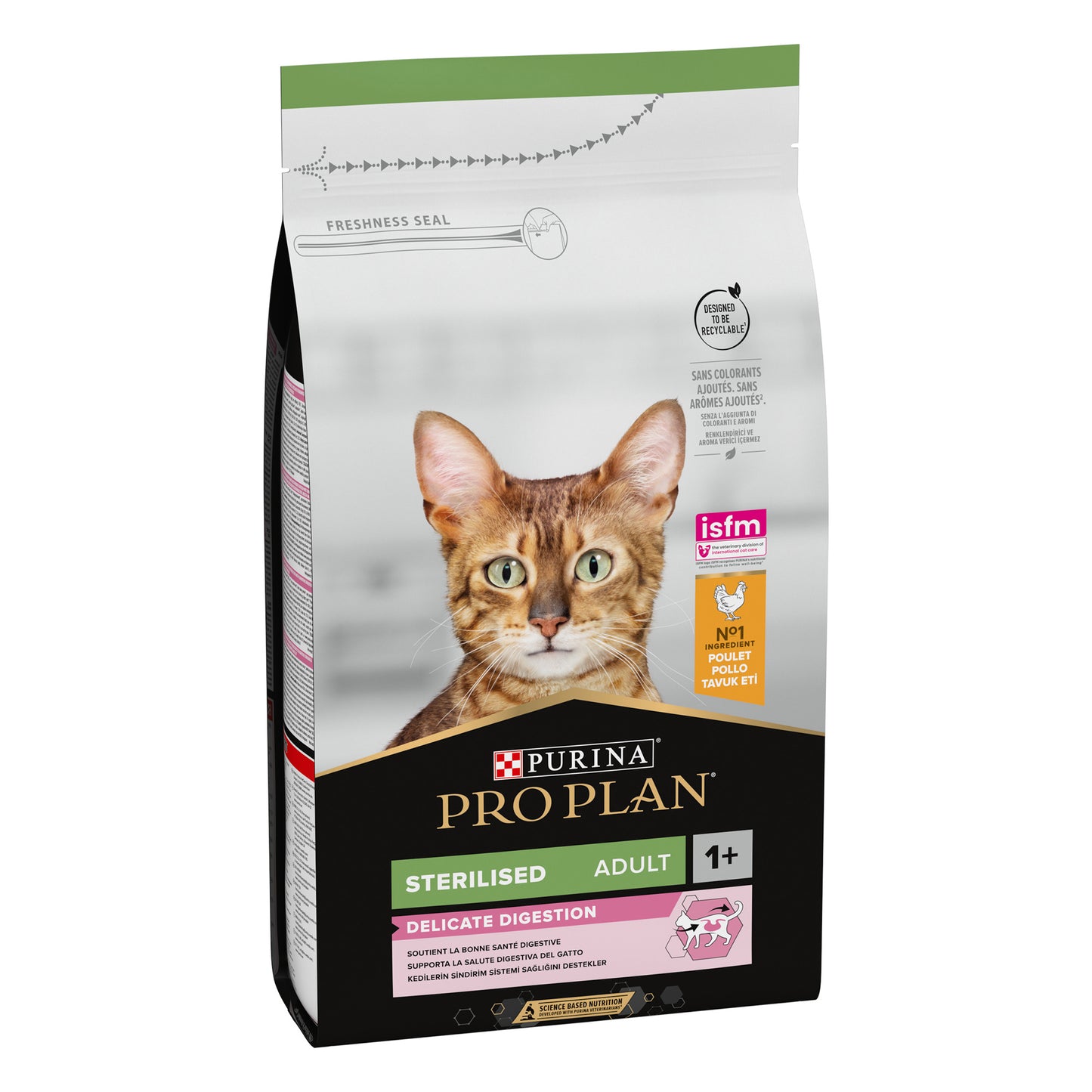 Cat food package with a cat's face on the side on a white background