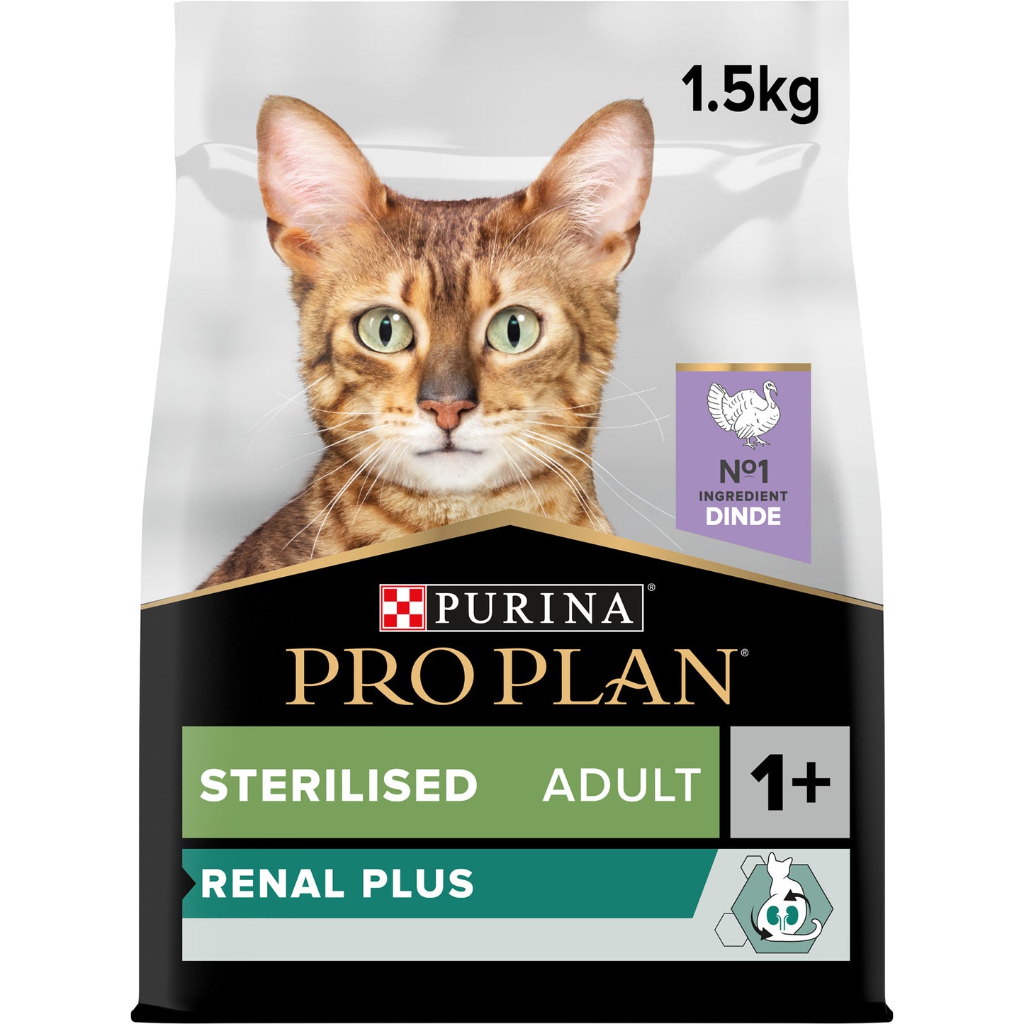 A bag of Pro Plan Sterilised Adult Renal Plus Dry Cat Food with an image of a cat on the packaging.