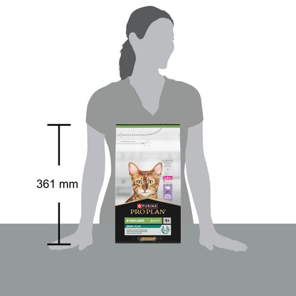 Cat food package size comparison with a person's height.