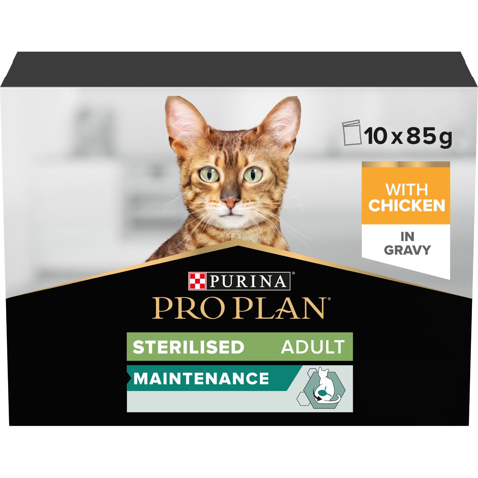 Box of Pro Plan Sterilised Adult Wet Cat Food with chicken in gravy, featuring an image of a cat and indicating a multipack of 10x85g.