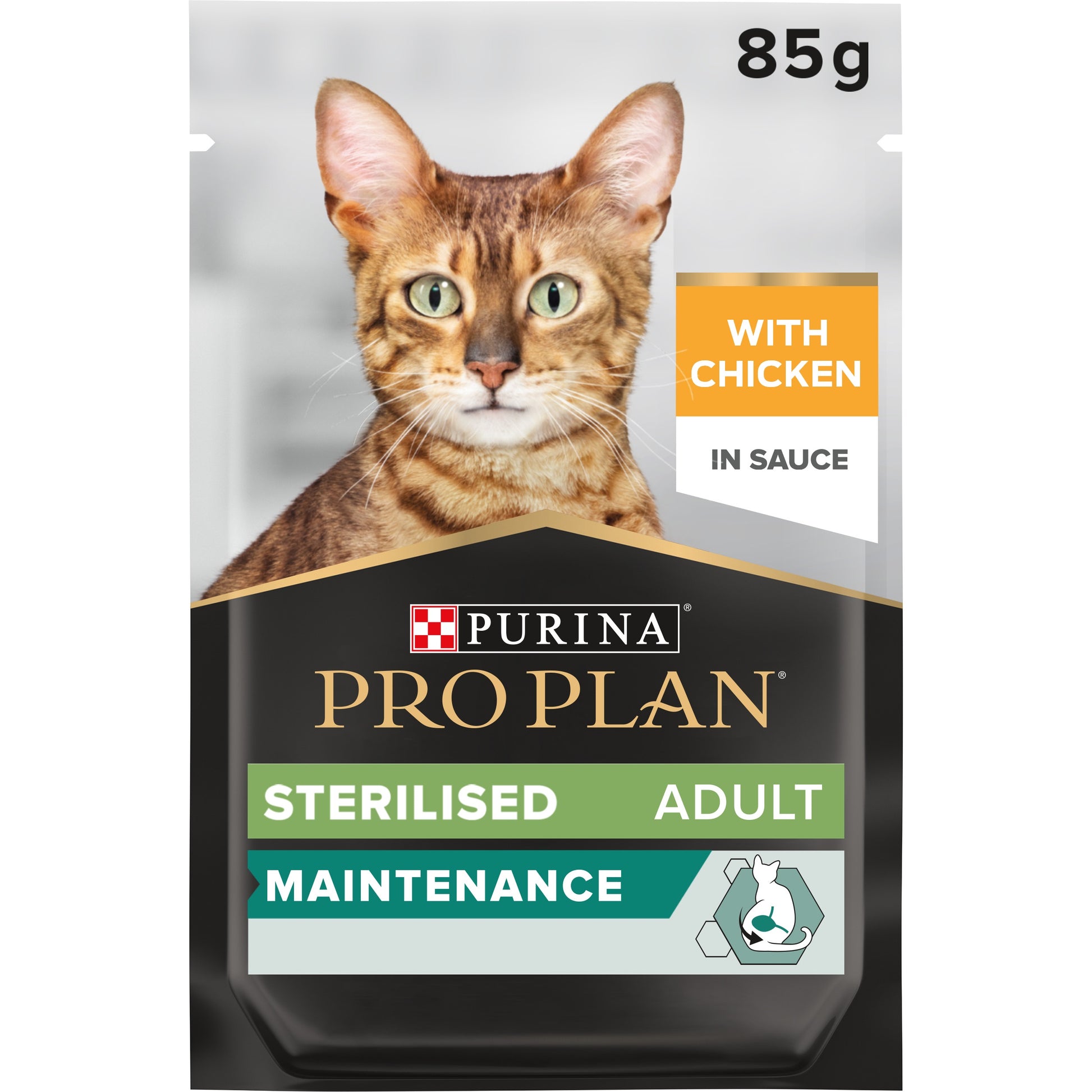Cat food packaging with a cat's face and product information.