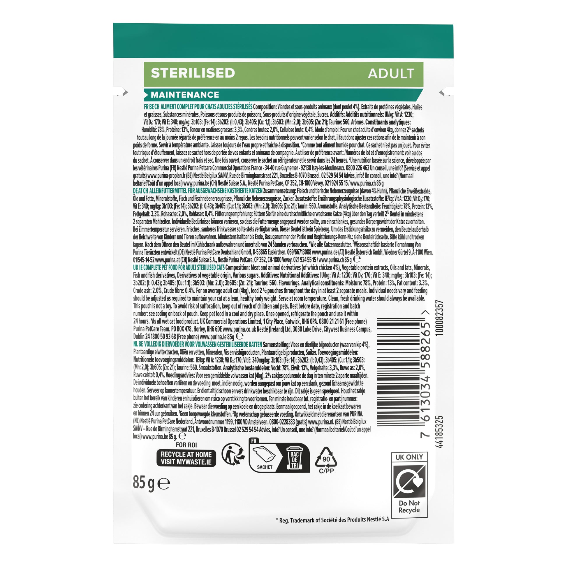 Back of a pet food packaging with text and labels.