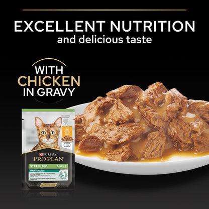 Cat food with chicken in gravy and product packaging on a black background.