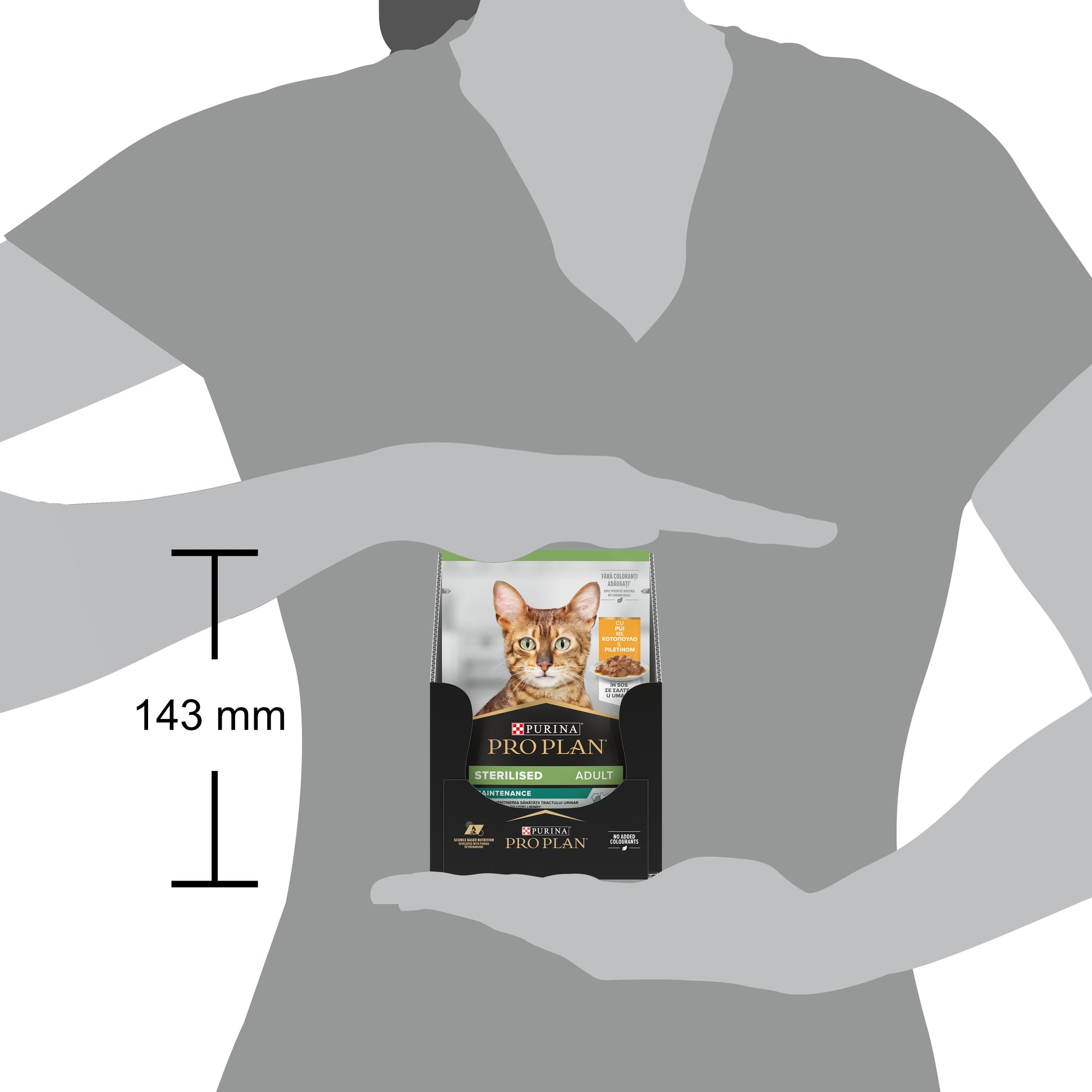 Pro Plan cat food packaging held in a hand with a measurement indication.