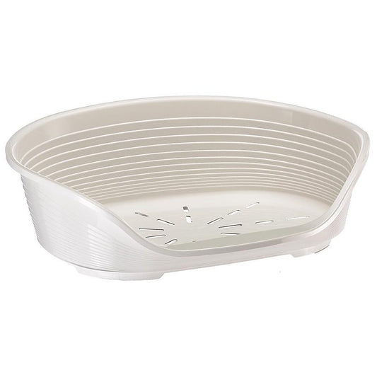 White plastic basket with woven design on a white background