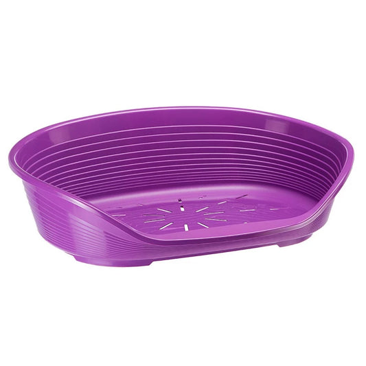 Purple plastic tray with drainage holes on a white background