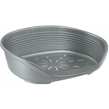 Gray plastic planter with drainage holes on a white background