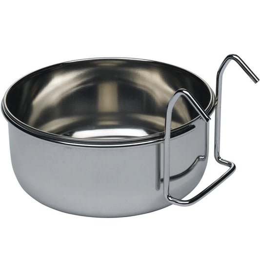 Stainless steel hanging bird feeder on a white background
