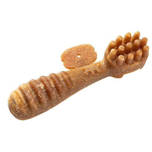 Dog toy resembling a fish with a textured handle on a white background