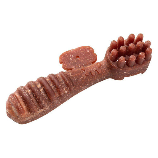 Dog chew toy with a textured handle and ridges on a white background
