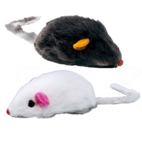 Two toy mice, one gray and one white with a pink nose, on a white background.