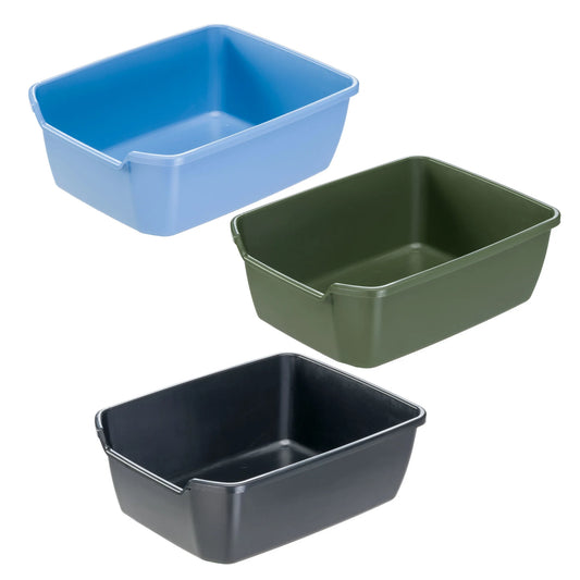 Three rectangular plastic containers in blue, green, and gray on a white background