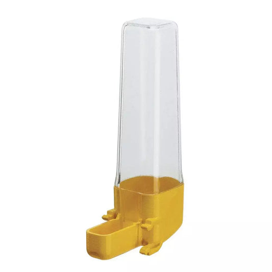 Yellow and clear plastic feeder on a white background