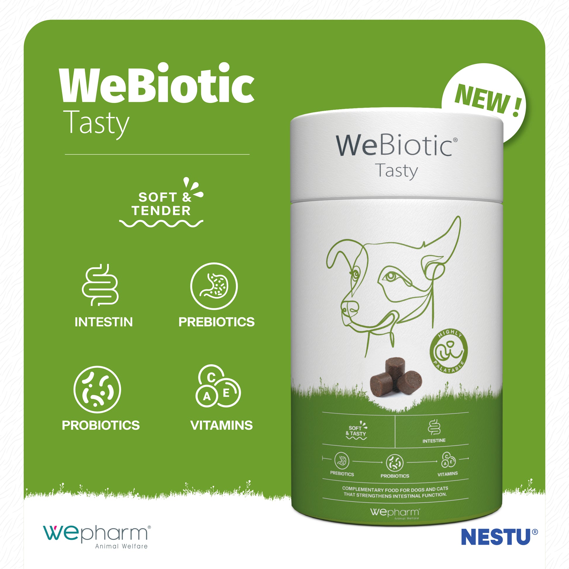 WeBiotic Tasty product packaging with green background and WePharm branding