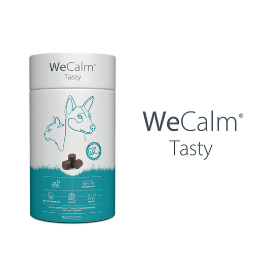 WeCalm Tasty product packaging with a dog illustration on a white background