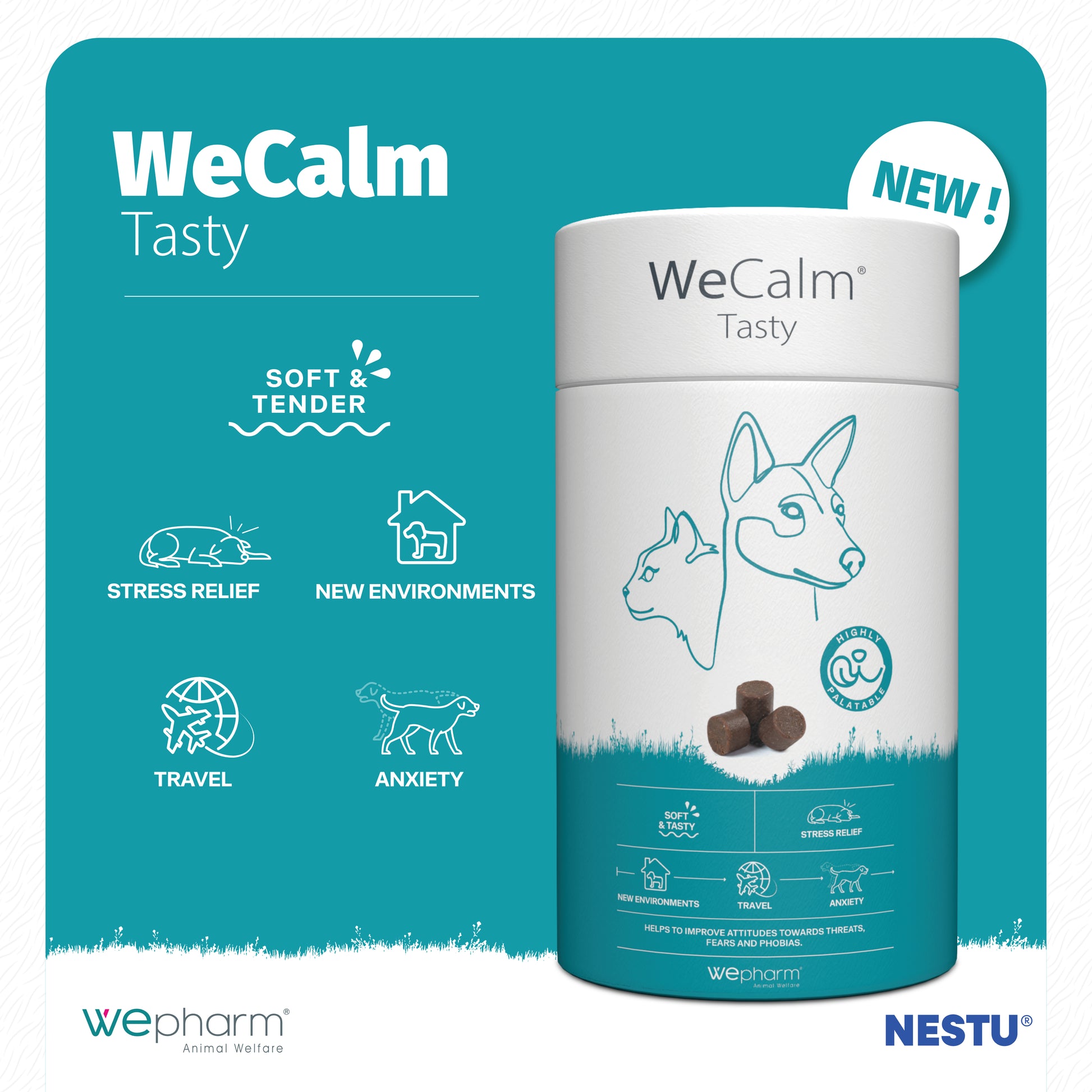 WeCalm Tasty product packaging with Wephar and Nestu branding on a teal background