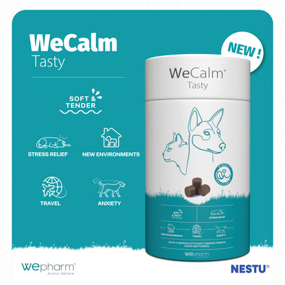 WeCalm Tasty product packaging with Wephar and Nestu branding on a teal background